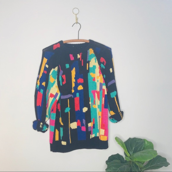 Vintage Sweaters - VTG 90’s Color Block Funky Oversized Knit Sweater